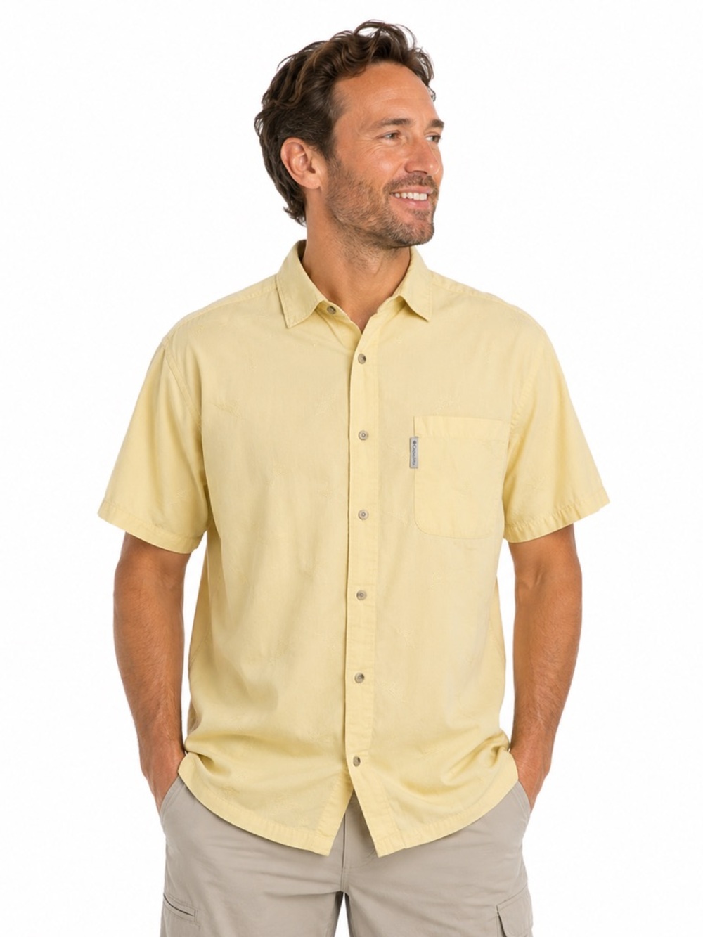 Columbia Yellow Embroidered Shirt Sleeve Cotton Casual Hawaiian Dress Shirt XL
